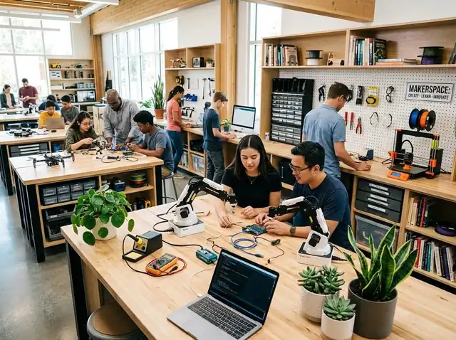 Community makerspace with robotics benches and 3D printers