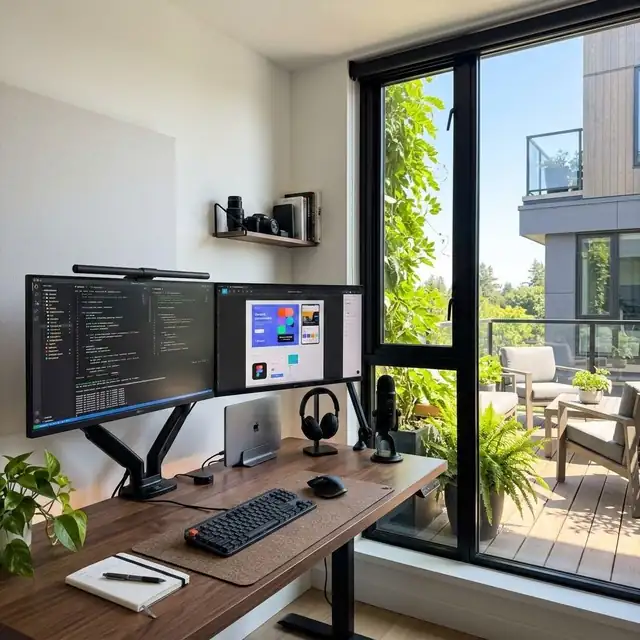 Creator Tech Hub — studio workstation with fiber and deck view