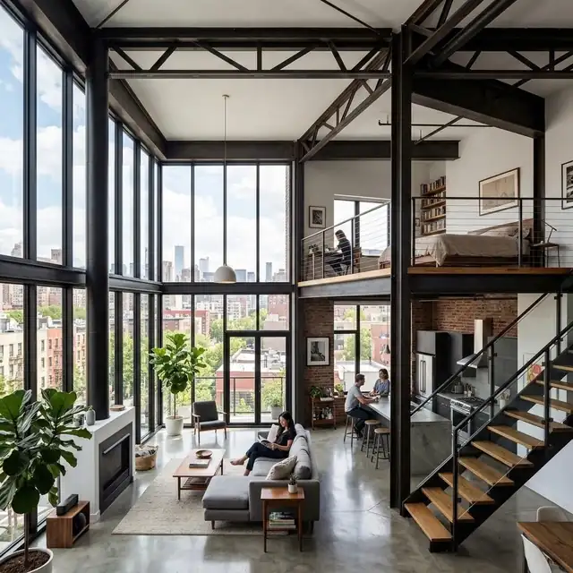 The Open Loft — double-height industrial steel framing and glass