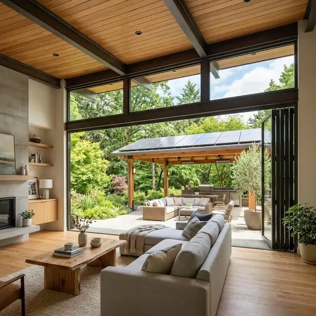 Pavilion Family — great room opening to a shaded solar patio