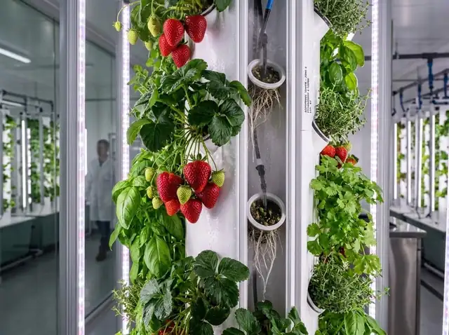 Aeroponic vertical farm towers with strawberries and herbs